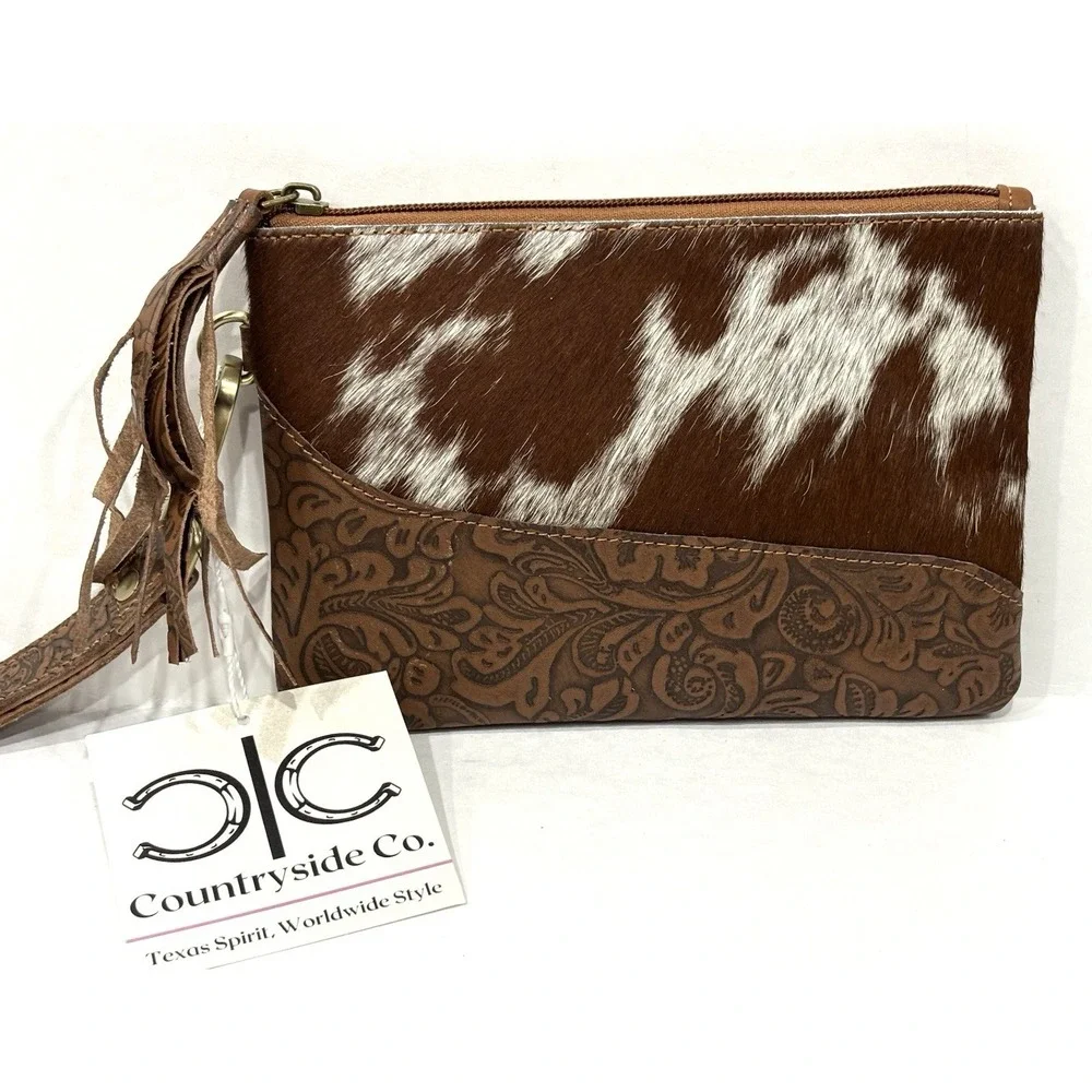 Countryside Co. Cowhide Tooled Leather Wristlet Clutch Brown White NWT